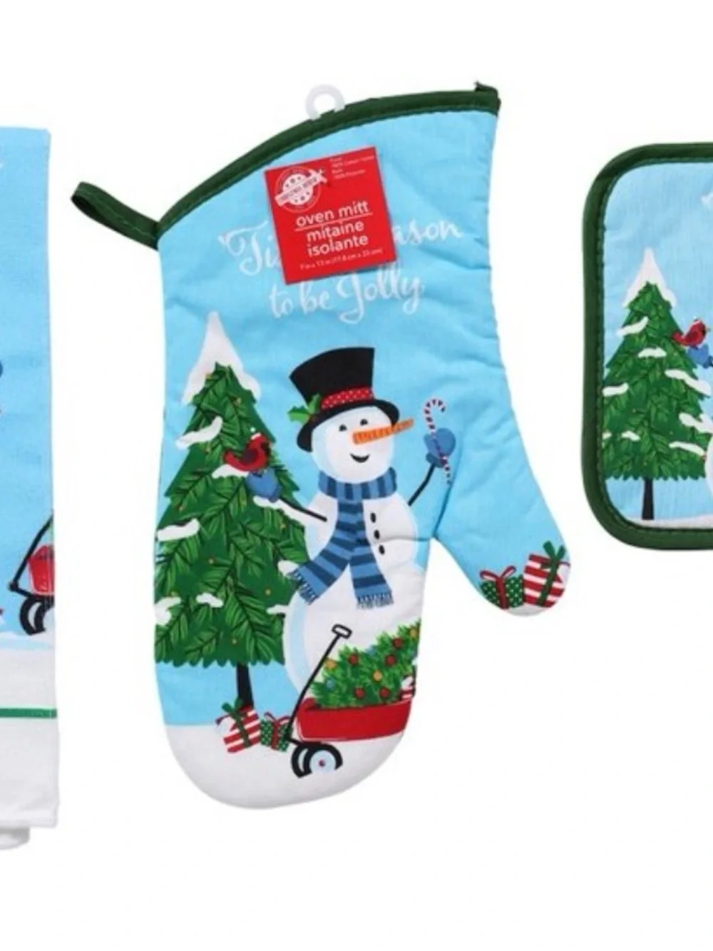 Holiday Snowman Kitchen Towel, Mitt & Pot Holder Set - Blue